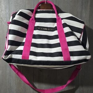 Victoria's Secret Striped Giant Tote with Pink Handles